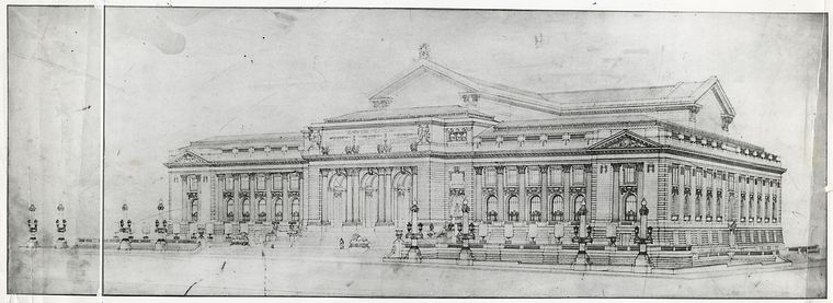 Drawing of the main branch of the New York Public Library, showing the Fifth Avenue and Forty-second Street facades